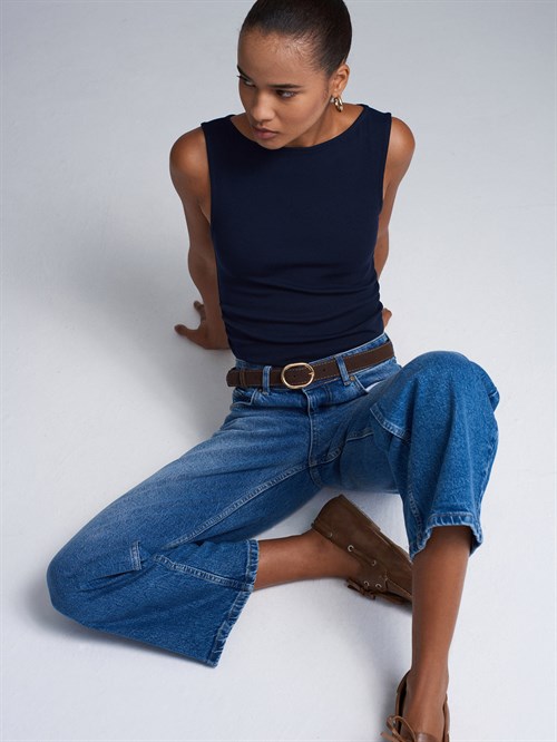 Wholesale Womens Dark Navy Side Gathered Boat-Neck Top