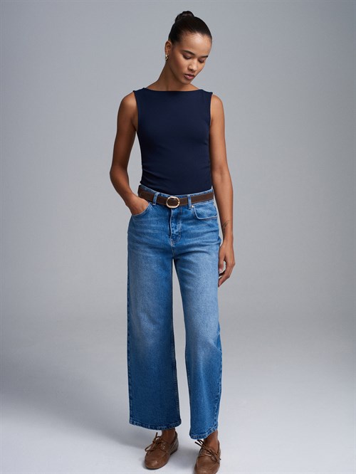 Wholesale Womens Dark Navy Side Gathered Boat-Neck Top