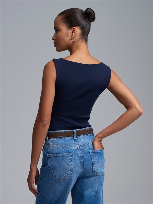 Wholesale Womens Dark Navy Side Gathered Boat-Neck Top