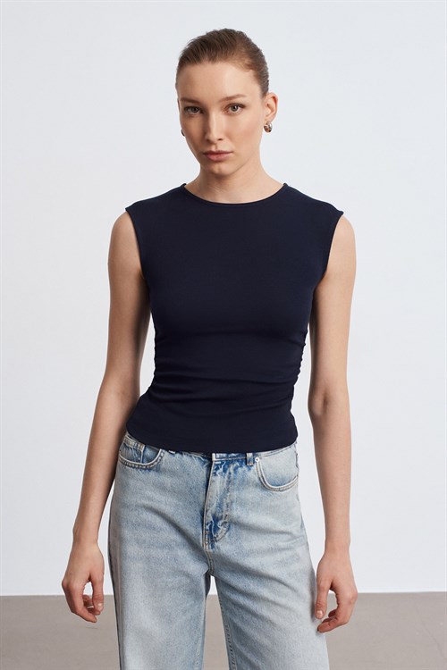 Wholesale Womens Dark Navy Side Gathered T-Shirt