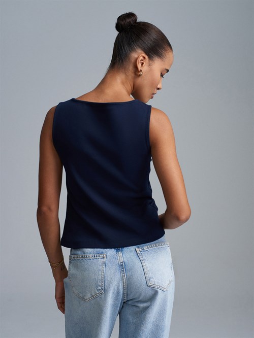 Wholesale Womens Dark Navy Sleeveless Top with Two-Way Zipper
