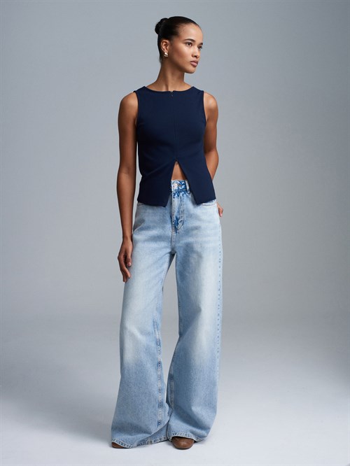 Wholesale Womens Dark Navy Sleeveless Top with Two-Way Zipper