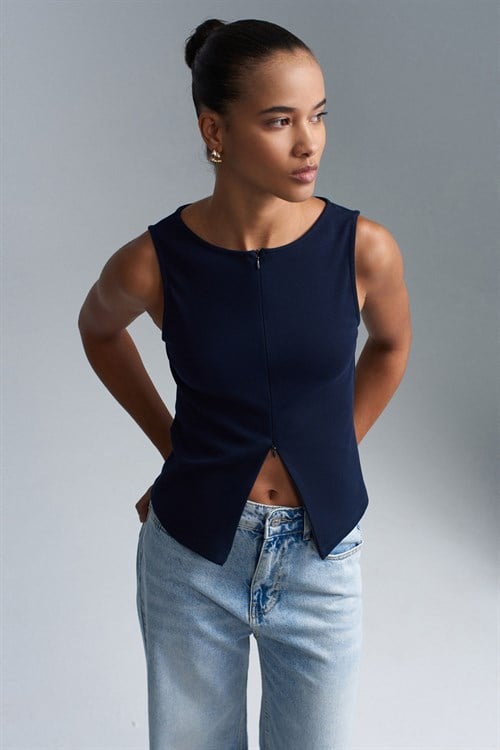 Wholesale Womens Dark Navy Sleeveless Top with Two-Way Zipper