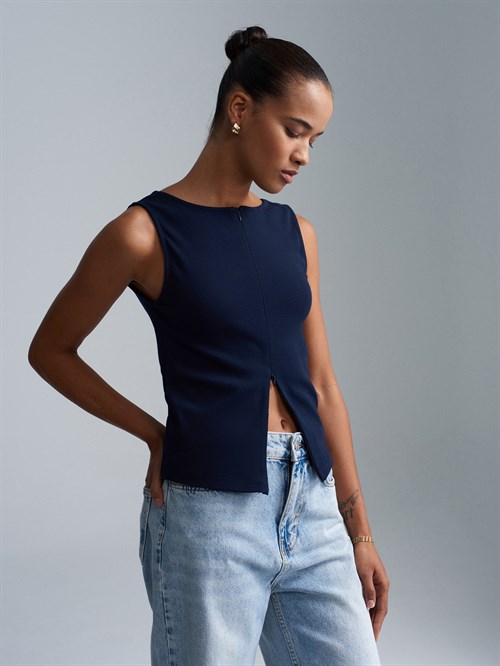 Wholesale Womens Dark Navy Sleeveless Top with Two-Way Zipper