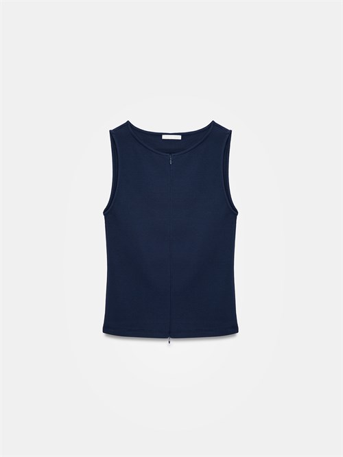 Wholesale Womens Dark Navy Sleeveless Top with Two-Way Zipper