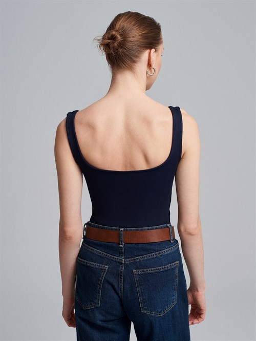 Wholesale Womens Dark Navy Square-Neck Tank Top with Open Back