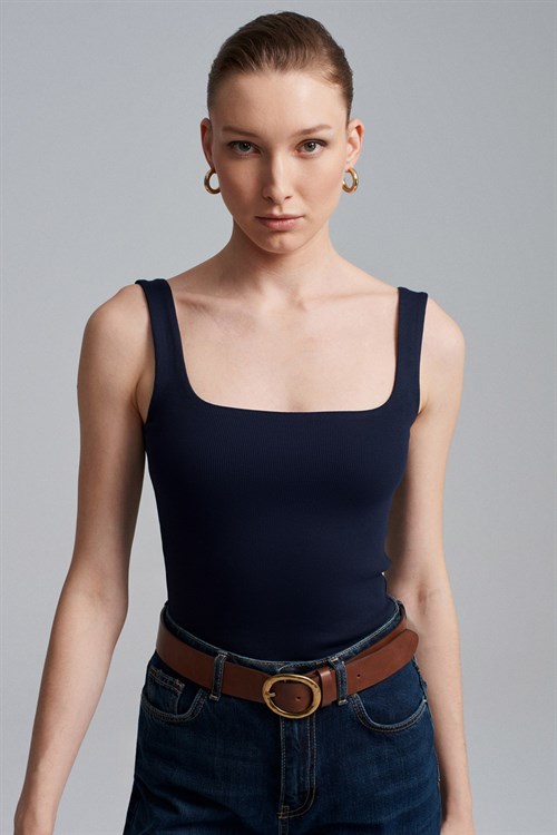 Wholesale Womens Dark Navy Square-Neck Tank Top with Open Back