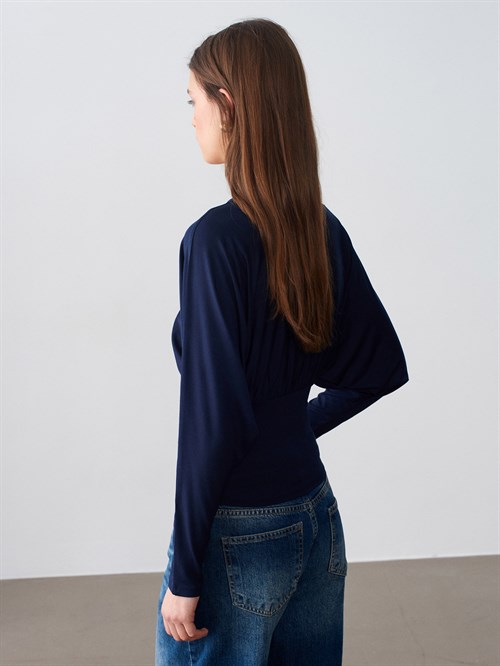 Wholesale Womens Dark Navy V-Neck Batwing Top with Underbust Gathering