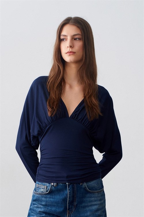 Wholesale Womens Dark Navy V-Neck Batwing Top with Underbust Gathering