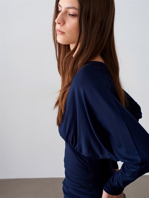 Wholesale Womens Dark Navy V-Neck Batwing Top with Underbust Gathering