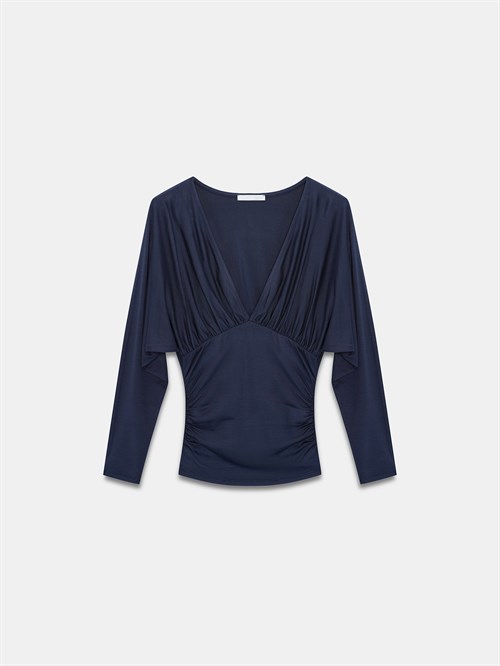 Wholesale Womens Dark Navy V-Neck Batwing Top with Underbust Gathering