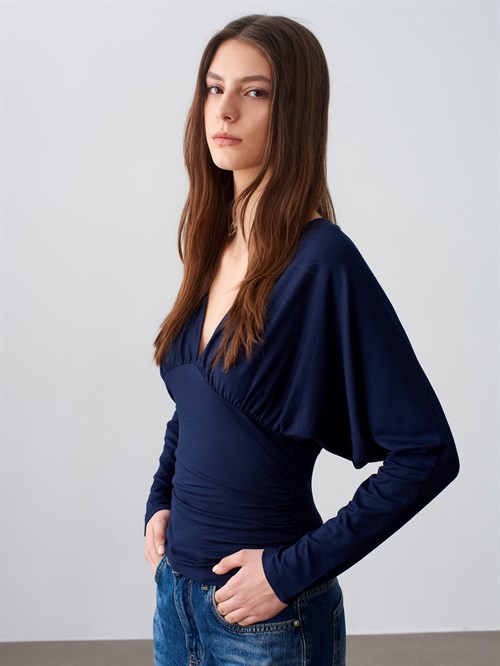 Wholesale Womens Dark Navy V-Neck Batwing Top with Underbust Gathering