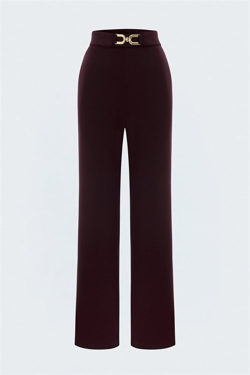 Wholesale Womens Dark Plum Trousers with Gold Buckle Accessory