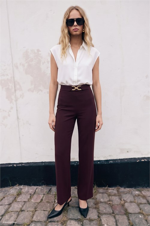 Wholesale Womens Dark Plum Trousers with Gold Buckle Accessory