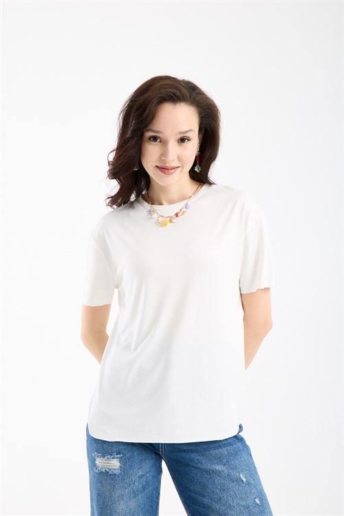 Wholesale Womens Ecru Basic T-Shirt with Side Slits