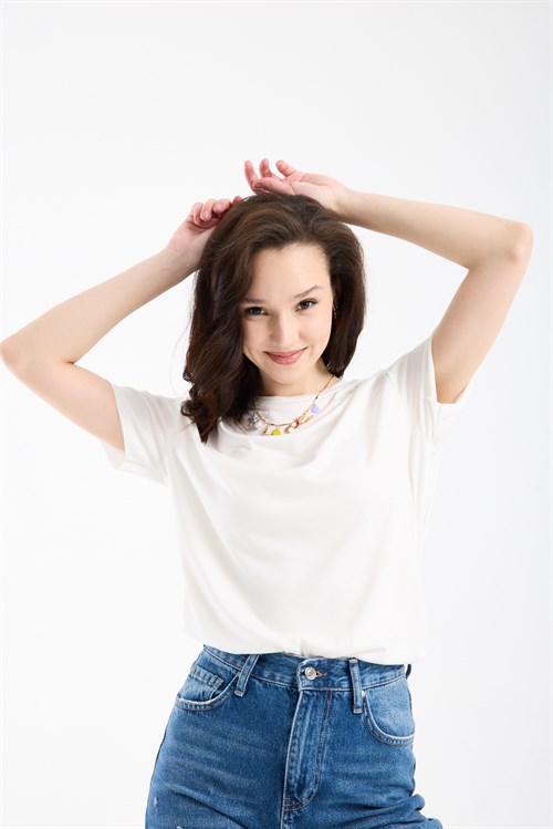 Wholesale Womens Ecru Basic T-Shirt with Side Slits