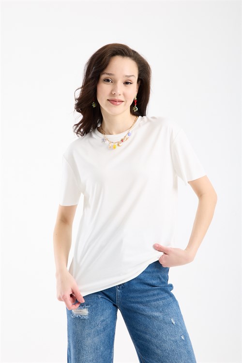Wholesale Womens Ecru Basic T-Shirt with Side Slits