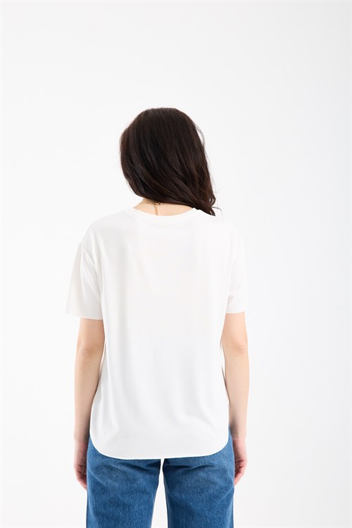 Wholesale Womens Ecru Basic T-Shirt with Side Slits