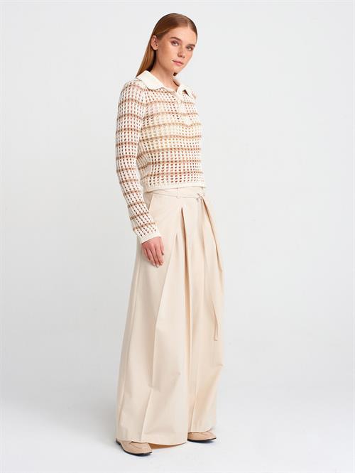 Wholesale Womens Ecru-Beige Polo Collar Openwork Knit Sweater