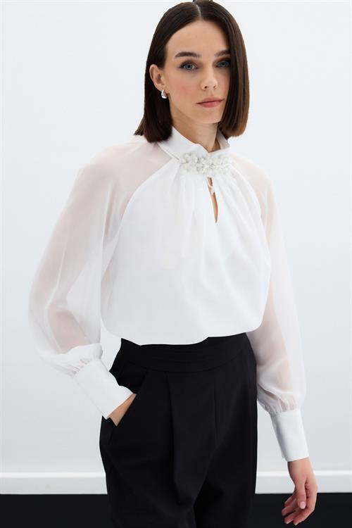 Wholesale Womens Ecru Blouse with Chiffon Bishop Sleeves and Front Accessory