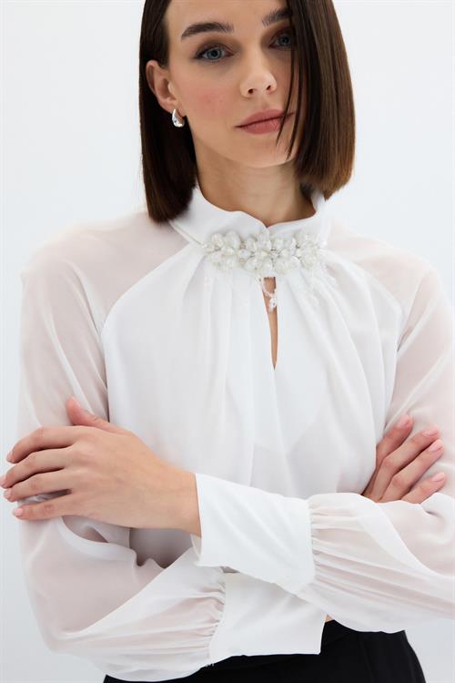 Wholesale Womens Ecru Blouse with Chiffon Bishop Sleeves and Front Accessory