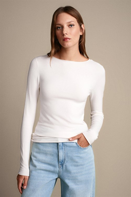 Wholesale Womens Ecru Cashmere Lightweight Knit Boat-Neck Sweater