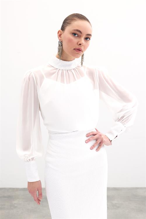 Wholesale Womens Ecru Chiffon Blouse with Sequin-Embellished Collar and Cuffs