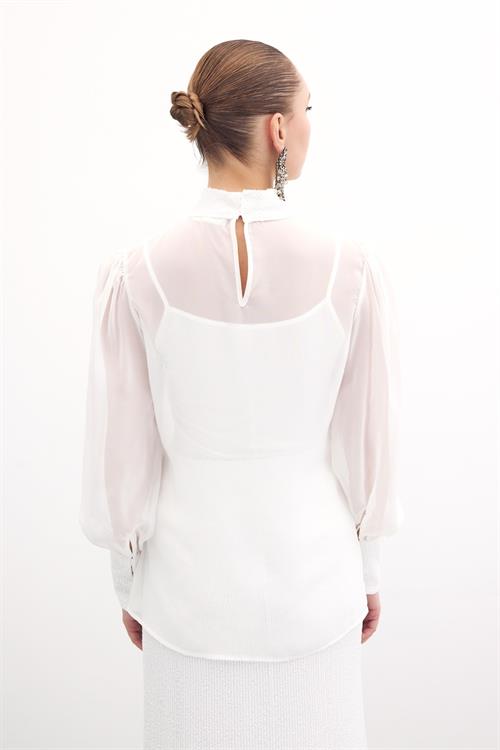 Wholesale Womens Ecru Chiffon Blouse with Sequin-Embellished Collar and Cuffs