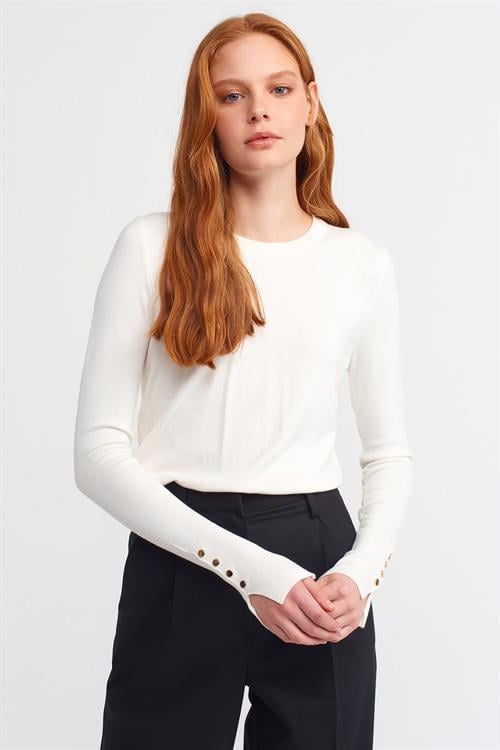 Wholesale Womens Ecru Crew-Neck Knit Blouse with Snap-Button Wide Cuffs