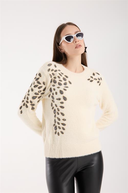 Wholesale Womens Ecru Crew-Neck Knit Sweater with Beaded Embroidery