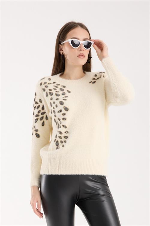 Wholesale Womens Ecru Crew-Neck Knit Sweater with Beaded Embroidery