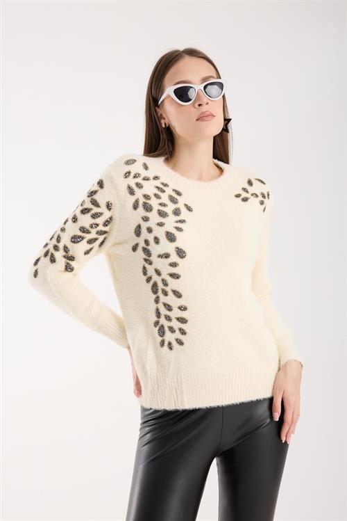 Wholesale Womens Ecru Crew-Neck Knit Sweater with Beaded Embroidery