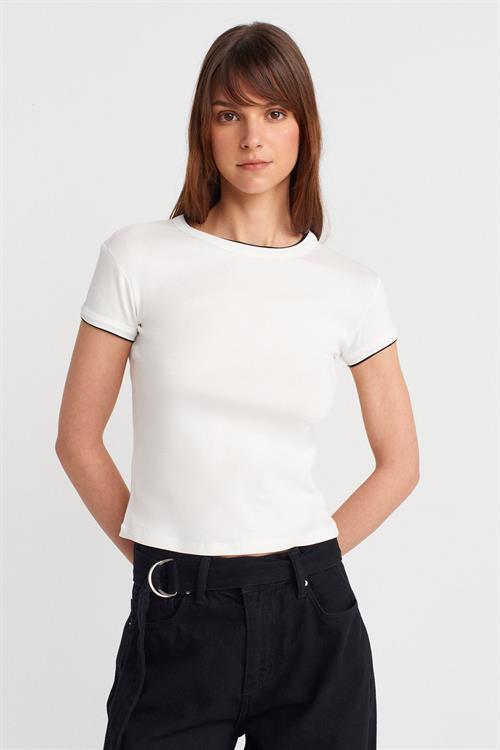 Wholesale Womens Ecru Crew-Neck T-Shirt with Contrast Trim