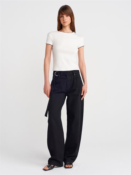 Wholesale Womens Ecru Crew-Neck T-Shirt with Contrast Trim