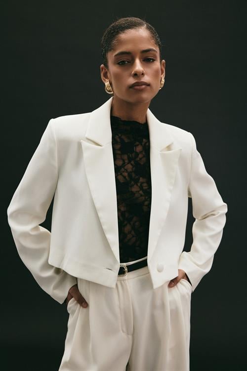 Wholesale Womens Ecru Cropped Blazer with Notched Collar