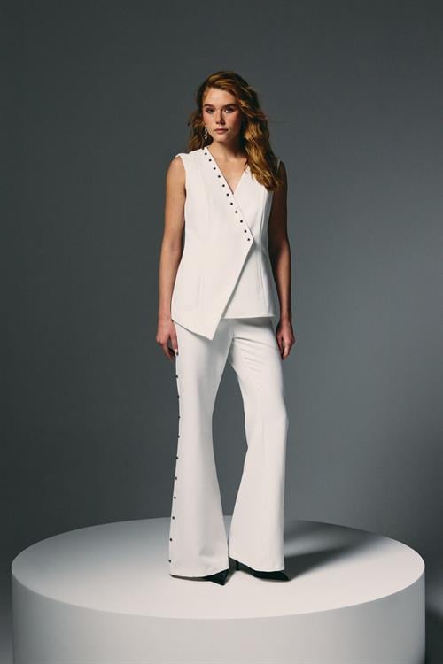 Wholesale Womens Ecru Flared Trousers with Pearl Embellishment on the Sides