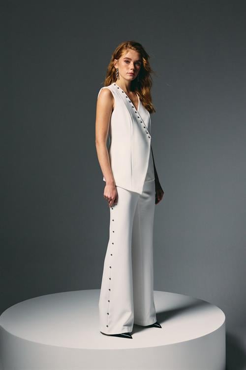 Wholesale Womens Ecru Flared Trousers with Pearl Embellishment on the Sides