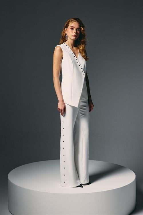 Wholesale Womens Ecru Flared Trousers with Pearl Embellishment on the Sides