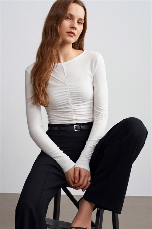 Wholesale Womens Ecru Gathered Boat-Neck Top