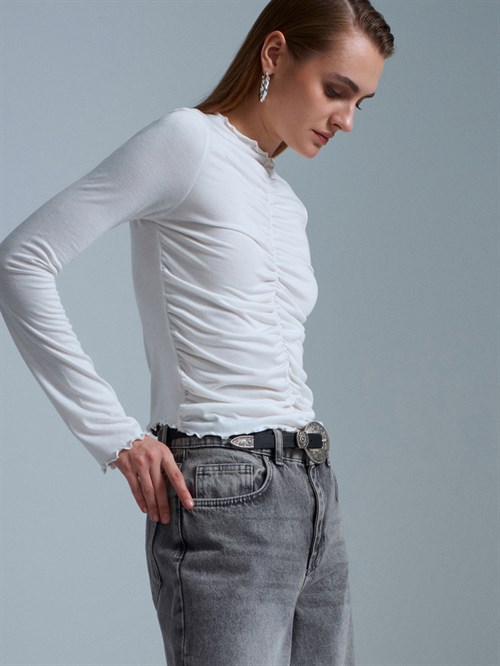 Wholesale Womens Ecru Gathered Long-Sleeve Top