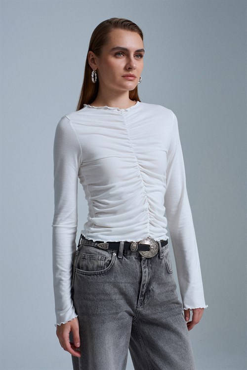 Wholesale Womens Ecru Gathered Long-Sleeve Top