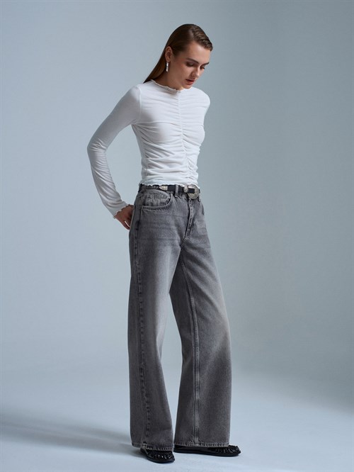 Wholesale Womens Ecru Gathered Long-Sleeve Top