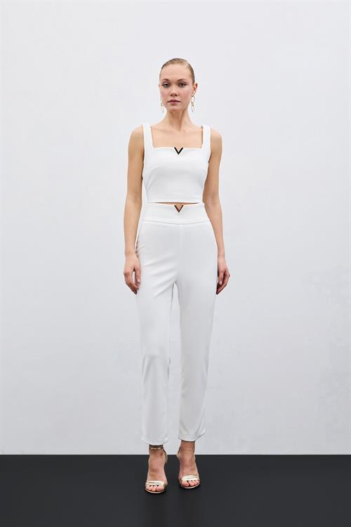 Wholesale Womens Ecru High-Waist Trousers with Front V-Shaped Accessory