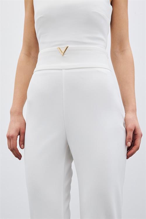 Wholesale Womens Ecru High-Waist Trousers with Front V-Shaped Accessory