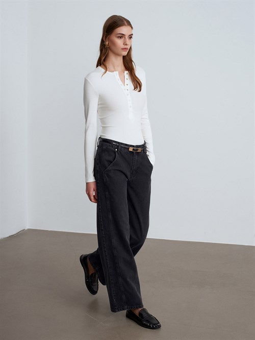 Wholesale Womens Ecru Long-Sleeve Top with Snap-Up Half Placket
