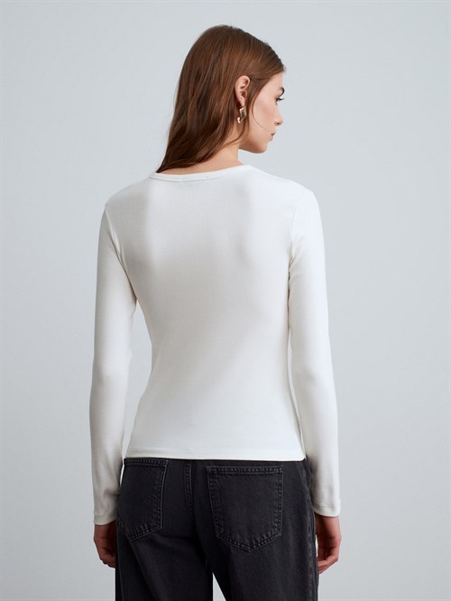Wholesale Womens Ecru Long-Sleeve Top with Snap-Up Half Placket