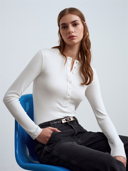 Wholesale Womens Ecru Long-Sleeve Top with Snap-Up Half Placket