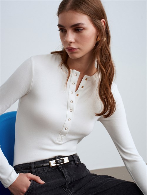 Wholesale Womens Ecru Long-Sleeve Top with Snap-Up Half Placket