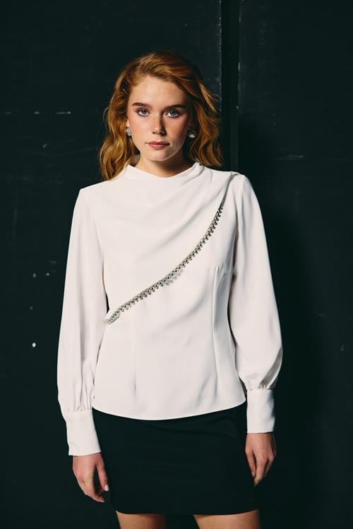 Wholesale Womens Ecru Mock-Neck Blouse with Bishop Sleeves