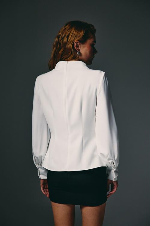 Wholesale Womens Ecru Mock-Neck Blouse with Bishop Sleeves